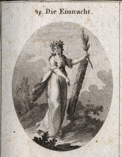 Allegorie der Eintracht, dargestellt mit einer Krone aus Granatäpfeln, dem Emblem der Vereinigung. Der Olivenzweig ist ein Symbol des Friedens und das eng zusammengebundene Bündel von Stäben zeigt die Macht vereinter Kräfte. Gravur in „Iconologie oder Idee von Austrian School
