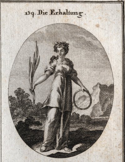 Allegorie der Konservierung. Der Zedernzweig ist unvergänglich, aber auch das Emblem der Konservierung und der Kreis das der kontinuierlichen Nachfolge. Sie trägt eine Krone aus aromatischen Pflanzen, die von den Ägyptern zur Konservierung der Toten verwen von Austrian School