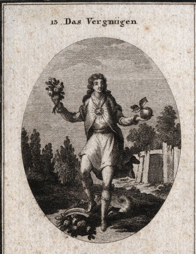 Allegorie der Zufriedenheit, dargestellt durch einen jungen Mann, der mit einer Hand einen goldenen Apfel und mit der anderen einen Blumenstrauß hält. Sie zeigen, dass alles, was ihn umgibt, an seiner Freude teilnimmt, die durch den Rubin auf seiner Brust  von Austrian School