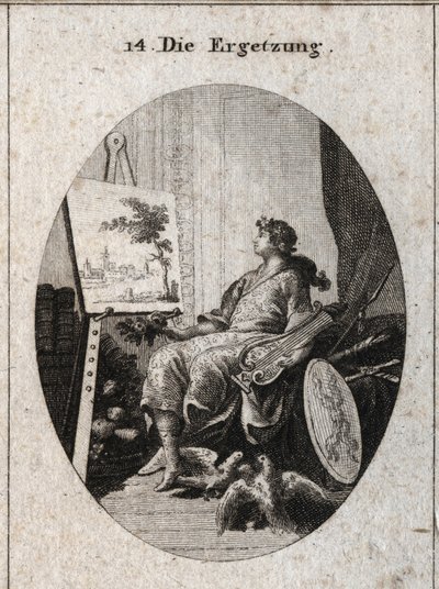 Allegorie der Wonne dargestellt durch einen jungen Mann, der eine Lyra hält, neben einem Gemälde mit Früchten, Büchern, Waffen und zwei Tauben, die sich gegenseitig liebkosen, alles symbolisiert den Reiz der Sinne. Gravur in „Iconologie oder Ideen aus dem  von Austrian School