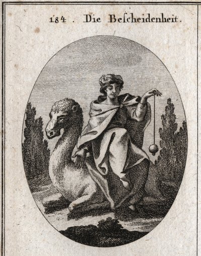Allegorie der Diskretion. Das Lot, das sie senkrecht hält, ist das Attribut der Korrektheit. Sie sitzt auf einem knienden Kamel, um ihre Fahrt zu erleichtern. Gravur in „Iconologie oder Ideen aus dem Gebiete der Leidenschaften und Allegorien bildlich darge von Austrian School