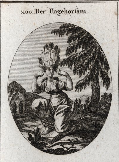 Allegorie des Ungehorsams. Das Buch der Schande markiert ihre Verachtung für die Gesetze und Vorschriften, die sie dominiert, indem sie die Bremse und das Joch mit Füßen tritt. Sie verschließt ihre Ohren, um keine Ermahnungen zu hören. Ihr Haar besteht aus von Austrian School