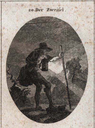 Allegorie des Zweifels, dargestellt durch einen jungen Mann, der mit einer Laterne durch die Dunkelheit geht und einem Boot hilft, seinen Weg durch mehrere mit Steinen gefüllte Pfade zu finden. Gravur in „Iconologie oder Ideen aus dem Gebiete der Leidensch von Austrian School