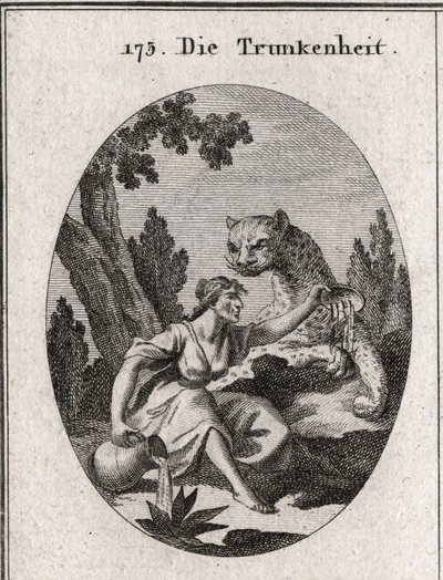 Allegorie der Trunkenheit. Sie hält einen Krug und einen Becher voller Wein, den sie verlässt. Ihr Symbol ist ein Panther, Symbol der Wut der Trunkenheit. Gravur in "Iconologie oder Ideen aus dem Gebiete der Leidenschaften und Allegorien bildlich dargestel von Austrian School