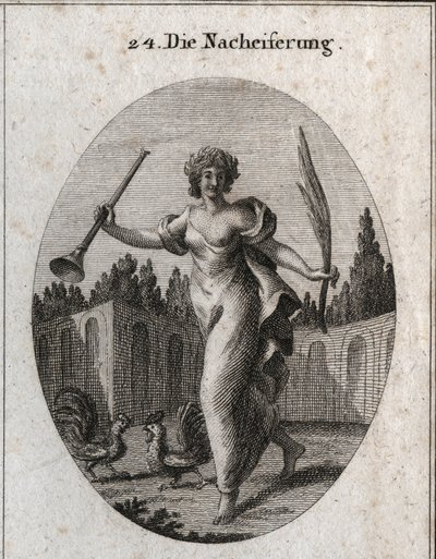 Allegorie der Nachahmung. Die Trompete und die Palme symbolisieren die Belohnung, die dem Verdienst zugeschrieben wird. Die Attribute sind zwei Hähne, die bereit sind zu kämpfen. Gravur in „Iconologie oder Ideen aus dem Gebiete der Leidenschaften und Alleg von Austrian School