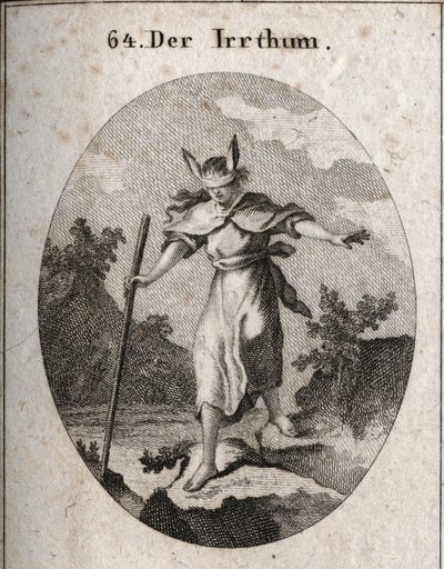 Allegorie des Irrtums in einer taumelnden Haltung mit einer Augenbinde und Eselsohren, um zu zeigen, dass Blindheit und Unwissenheit die Quellen des Irrtums sind. Sie bewegt sich auf einen Abgrund zu und tastet mit ihrem Stock. Gravur in „Iconologie oder I von Austrian School