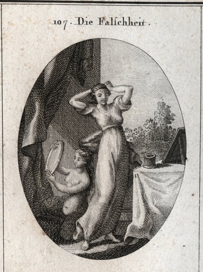 Allegorie der Falschheit. Ihr Emblem ist eine Sirene, die sich in einem Spiegel betrachtet. Gravur in „Iconologie oder Ideen aus dem Gebiete der Leidenschaften und Allegorien bildlich dargestellt für Zeichner, Maler, Dichter, Gelehrte, Erzieher und Freunde von Austrian School
