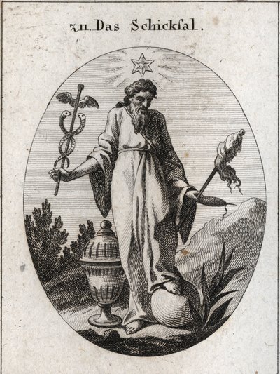Allegorie des Schicksals. Ein Stern darüber zeigt astrologische Berichte über Vorfälle im menschlichen Leben. Er hält in einer Hand ein Symbol seiner Macht und in der anderen eine Rohrkolben-Symbol und eine Spindel, deren gebrochener Faden die Zerbrechlich von Austrian School