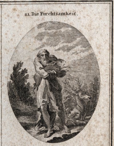Allegorie der Angst in Gestalt eines alten Mannes mit Flügeln an den Füßen, die der Flucht dienen. Seine Attribute sind Hase und Hirsch. Gravur in „Iconologie oder Ideen aus dem Gebiete der Leidenschaften und Allegorien bildlich dargestellt für Zeichner, M von Austrian School