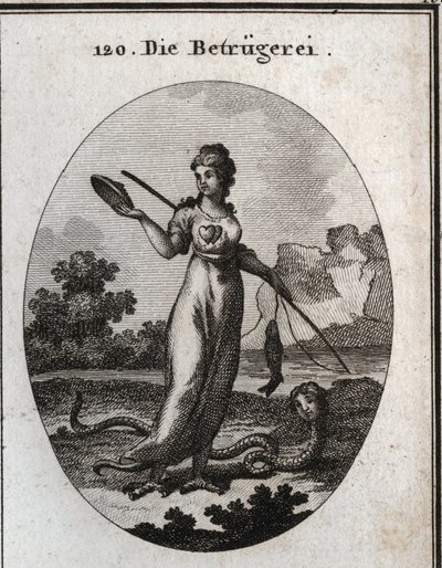 Allegorie des Betrugs, dargestellt mit einem doppelten Herzen und einer Maske. Sie hält eine Angelrute, die einen Fisch gefangen hat. Ihre Beine enden in Geierkrallen und sie hat einen Skorpionschwanz. Ihr Attribut ist eine Schlange mit einem menschlichen  von Austrian School