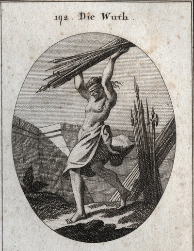 Allegorie der Wut. Mit einer Augenbinde wirft sie einen Strahl verschiedener Arten von Waffen, um ihren Triumph im Krieg, bei Massakern und Kämpfen zu markieren. Gravur in „Iconologie oder Ideen aus dem Gebiete der Leidenschaften und Allegorien bildlich da von Austrian School
