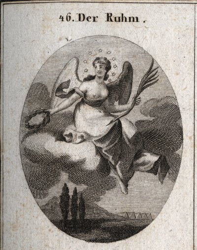 Allegorie des Ruhms auf einer Wolke. Sie hält eine Palme und präsentiert Lorbeerkränze, mit denen sie ihre Favoriten belohnt. Ihre Flügel markieren ihre Erhebung. Gravur in „Iconologie oder Ideen aus dem Gebiete der Leidenschaften und Allegorien bildlich d von Austrian School
