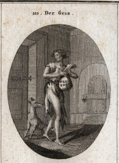 Allegorie der Gier, dargestellt in Lumpen mit einer Goldkette, die ihm als Gürtel dient, was betont, dass der Besitz von Eigentum ihn zum Sklaven macht, bis er die Notwendigkeiten verweigert. Auf der Börse steht der Name Pluto, Gott des Reichtums in der My von Austrian School