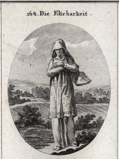 Allegorie der Ehrlichkeit. Ihre Augen sind von einem Schleier bedeckt, der die Hälfte ihres Gesichts verbirgt, weil die Augen der Spiegel der Seele sind und der erste Sinn, durch den sie sich korrumpiert. von Austrian School