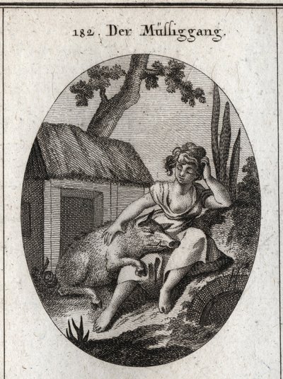 Allegorie der Faulheit, dargestellt durch eine halb schlafende Frau, die sich mit einer Hand am Kopf kratzt und mit der anderen auf einem Schwein ruht, das auf ihren Knien schläft. Gravur in „Iconologie oder Ideen aus dem Gebiete der Leidenschaften und All von Austrian School