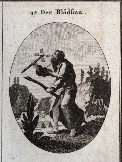 Allegorie der Imbezilität oder Demenz, dargestellt durch einen alten Mann auf einem Schilfrohr, Attribut der Fragilität und des Alters. Er hält eine Kartenmühle, die er bläst, um sie zu drehen. Gravur in „Iconologie oder Ideen aus dem Gebiete der Leidensch von Austrian School
