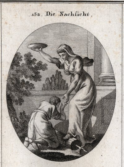 Allegorie der Nachsicht. Sie tritt die Rutenbündel und die Axt, die die Liktoren bei den Römern trugen, unter ihre Füße. Sie hält einen erhobenen Mantel und reicht einem Sklaven die Hand, der sich zu ihren Füßen niederwirft. Gravur in „Iconologie oder Idee von Austrian School