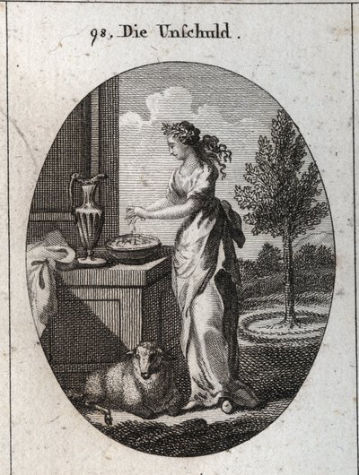 Allegorie der Unschuld, gekrönt mit einer Palme, um zu zeigen, dass die Zeit sie über die Verleumdung triumphieren lässt, die sie unterdrücken will. Ihr Symbol ist das Lamm. Händewaschen dient dazu, sich öffentlich von falschen Anschuldigungen zu entlasten von Austrian School