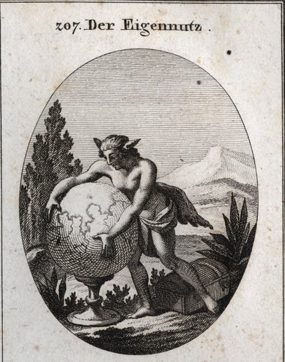 Allegorie des Interesses mit Wolfspelz. Er drückt eine Kugel. Dieses Emblem bedeutet, dass Gier das Eigene der Interessierten ist. Gravur in „Iconologie oder Ideen aus dem Gebiete der Leidenschaften und Allegorien bildlich dargestellt für Zeichner, Maler,  von Austrian School