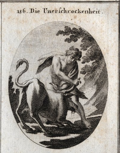Allegorie der Unerschrockenheit, dargestellt durch einen kräftigen jungen Mann, der einen wütenden Stier aufhält, indem er ihn an den Hörnern hält. Gravur in „Iconologie oder Ideen aus dem Gebiete der Leidenschaften und Allegorien bildlich dargestellt für  von Austrian School