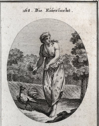 Allegorie der Eifersucht, die das Ohr auf einer Seite streckt und beobachtet, was auf der anderen Seite passiert. Ihr Kleid ist mit Augen und Ohren übersät, und der Strauß aus Dornen, den sie hält, zeigt, dass ihr Leiden freiwillig ist. Der Hahn, eifersüch von Austrian School