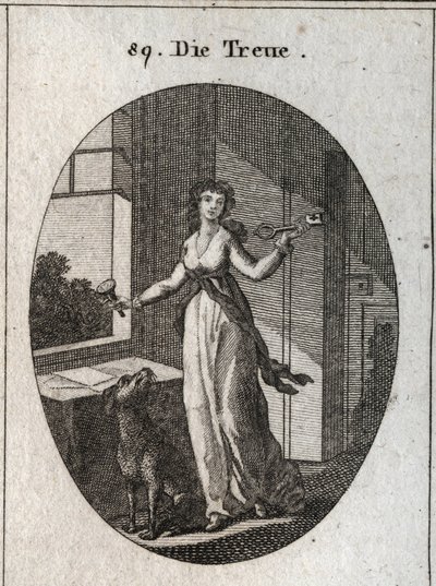 Allegorie der Treue, deren Symbole der Schlüssel, das Siegel und der Hund sind. Gravur in „Iconologie oder Ideen aus dem Gebiete der Leidenschaften und Allegorien bildlich dargestellt für Zeichner, Maler, Dichter, Gelehrte, Erzieher und Freunde Höherer Ges von Austrian School