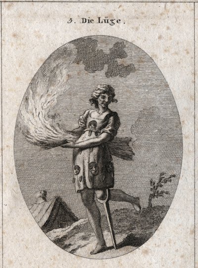 Allegorie der Lüge, dargestellt durch hässliches Aussehen, schlechtes Haar und schlechte Kleidung. Ihre Kleidung ist mit Zungen und Masken gefüllt. Das brennende Stroh illustriert die mangelnde Substanz ihrer Worte und das Holzbein die geringe Festigkeit.  von Austrian School