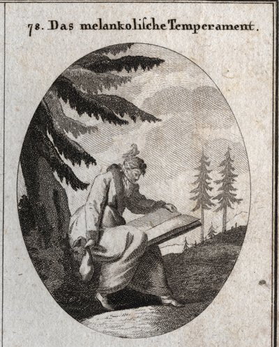 Allegorie des melancholischen Temperaments. Er hält ein Buch und eine Geldbörse und sein Mund ist mit einer Binde verschlossen. Ein Vogel sitzt auf seinem Kopf. Gravur in "Iconologie oder Ideen aus dem Gebiete der Leidenschaften und Allegorien bildlich dar von Austrian School