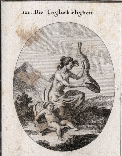 Allegorie des Unglücks, dargestellt mager und umfangreich. Ihre Attribute sind ein Füllhorn, das sie schüttelt und das leer ist, und ein Kind, das vor Hunger stirbt. Gravur in „Iconologie oder Ideen aus dem Gebiete der Leidenschaften und Allegorien bildlic von Austrian School
