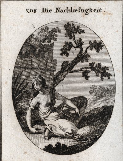 Allegorie der Nachlässigkeit. Sie hält eine Uhr mit einer umgekippten Sanduhr. Die Schildkröte ist das Emblem der Langsamkeit. Gravur in „Iconologie oder Ideen aus dem Gebiete der Leidenschaften und Allegorien bildlich dargestellt für Zeichner, Maler, Dich von Austrian School