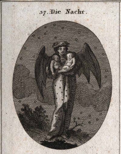 Allegorie der Nacht, dargestellt mit Fledermausflügeln. Sie hält zwei schlafende Kinder, eines weiß und das andere schwarz (Traum und Albtraum). Gravur in „Iconologie oder Ideen aus dem Gebiete der Leidenschaften und Allegorien bildlich dargestellt für Zei von Austrian School