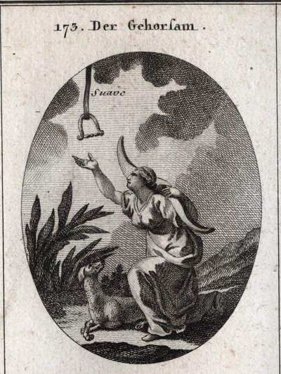 Allegorie des Gehorsams. Sie trägt ein Joch auf den Schultern und bewegt sich vorwärts, um eine Bremse zu empfangen, die aus dem offenen Himmel herabsteigt, in dem das Wort „sanft“ zu lesen ist. Der Hund ist ihr Attribut. Gravur in „Iconologie oder Ideen a von Austrian School