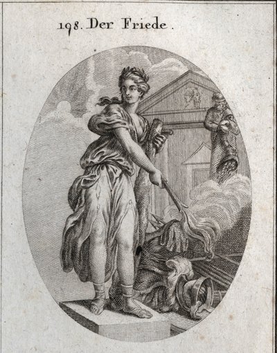Allegorie des Friedens. Sie trägt einen Kranz aus Olivenbäumen und hält eine Keule, während sie mit einer Fackel eine Trophäe von Waffen verbrennt. Dahinter bedeutet die Statue von Plutus, dass Überfluss und Reichtum ihre Vorteile sind. Gravur in „Iconolog von Austrian School