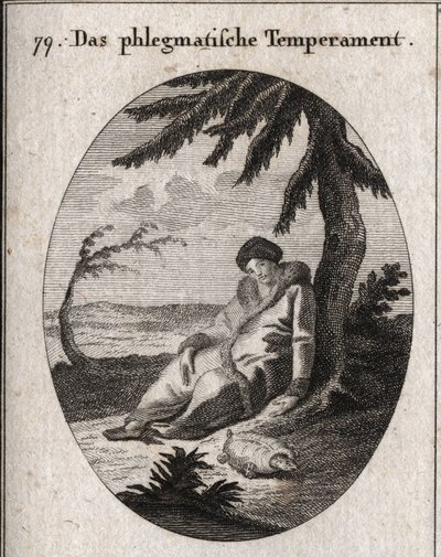 Allegorie des phlegmatischen Temperaments. Die Schildkröte ist das Attribut seiner Langsamkeit. Gravur in „Iconologie oder Ideen aus dem Gebiete der Leidenschaften und Allegorien bildlich dargestellt für Zeichner, Maler, Dichter, Gelehrte, Erzieher und Fre von Austrian School