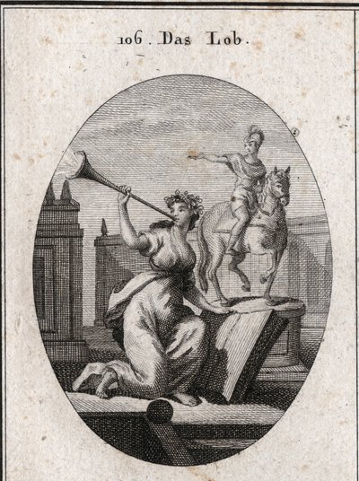 Allegorie des Lobes, die ein Buch hält, um zu zeigen, dass es durch die Hilfe der Schriften die Nachwelt überdauert. Sie bläst eine Trompete, aus der der Glanz des Ruhms hervorgeht. Die Reiterstatue ist da, um die Helden zu loben. Gravur in „Iconologie ode von Austrian School