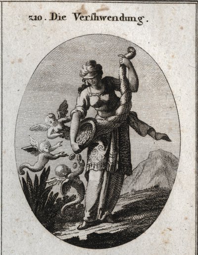 Allegorie der Verschwendung. Sie ist mit einer Augenbinde dargestellt und schüttelt ein Füllhorn, aus dem Silber und Schmuck fallen, die Harpyien gierig an sich reißen. Gravur in „Iconologie oder Ideen aus dem Gebiete der Leidenschaften und Allegorien bild von Austrian School