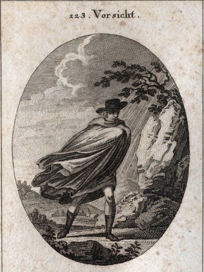Allegorie der Vorsehung. Ausdruck: Wenn das Wetter schön ist, nimm deinen Mantel, wenn es regnet, nimm ihn, wenn du willst. Gravur in „Iconologie oder Ideen aus dem Gebiete der Leidenschaften und Allegorien bildlich dargestellt für Zeichner, Maler, Dichter von Austrian School