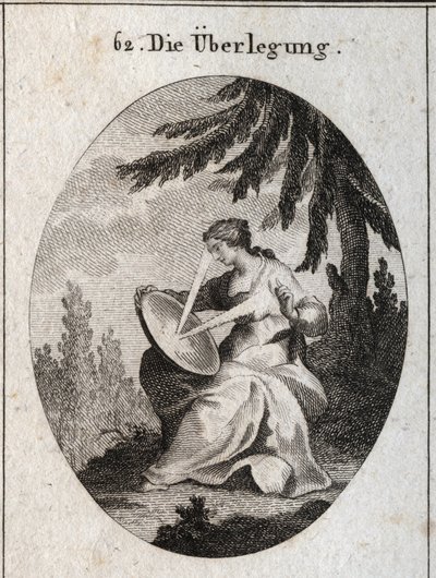 Allegorie der Reflexion. Ein Lichtstrahl geht von ihrem Herzen aus, trifft auf den Spiegel auf ihren Knien und reflektiert das Licht auf ihre Stirn. Gravur in „Iconologie oder Ideen aus dem Gebiete der Leidenschaften und Allegorien bildlich dargestellt für von Austrian School