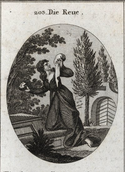 Allegorie des Bedauerns, dargestellt mit einem Knie auf einem Grab. Sie hält in einer Hand ein Taschentuch und in der anderen einen Stein, mit dem sie ihre Brust schlägt. Gravur in „Iconologie oder Ideen aus dem Gebiete der Leidenschaften und Allegorien bi von Austrian School