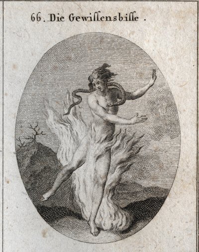 Allegorie des Gewissensbisses, umgeben von brennenden Flammen mit einer Schlange, die ihr Herz stiehlt. Gravur in „Iconologie oder Ideen aus dem Gebiete der Leidenschaften und Allegorien bildlich dargestellt für Zeichner, Maler, Dichter, Gelehrte, Erzieher von Austrian School