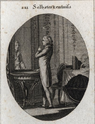 Allegorie der Selbsterkenntnis. Ein junger Mann steht vor einem Spiegel. Gravur in „Iconologie oder Ideen aus dem Gebiete der Leidenschaften und Allegorien bildlich dargestellt für Zeichner, Maler, Dichter, Gelehrte, Erzieher und Freunde Höherer Geschmacks von Austrian School
