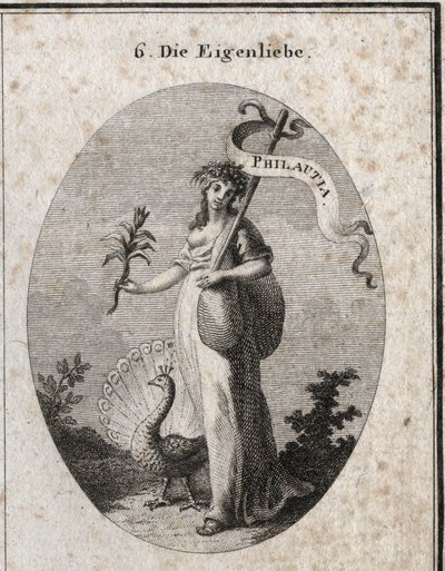 Allegorie der Selbstliebe dargestellt als junge Frau, die einen Beutel schließt, der ihre Fehler symbolisiert, mit einem Stab, auf dem die griechische Übersetzung „Philautia“ eingraviert ist. Attribute: der Pfau, der das Rad schlägt, und die Narzissenblume von Austrian School