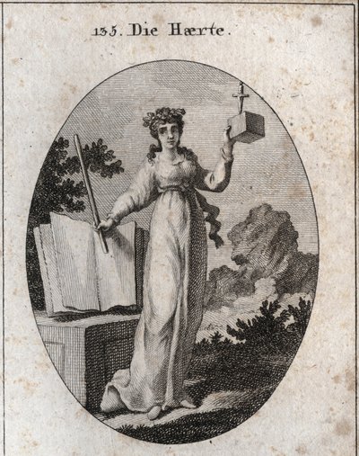 Allegorie der Strenge, gekrönt mit einem Eichenast, Attribut der Stärke. Sie stützt sich auf ein Gesetzbuch und hält eine Eisenstange. Der Würfel, in dem ein Dolch steckt, zeigt ihre Nähe und Unnachgiebigkeit. Gravur in „Iconologie oder Ideen aus dem Gebie von Austrian School