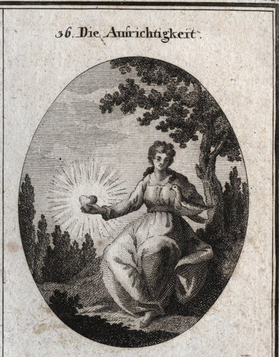 Allegorie der Aufrichtigkeit, die eine Taube an ihre Brust hält und ein strahlendes Herz präsentiert. Gravur in „Iconologie oder Ideen aus dem Gebiete der Leidenschaften und Allegorien bildlich dargestellt für Zeichner, Maler, Dichter, Gelehrte, Erzieher u von Austrian School