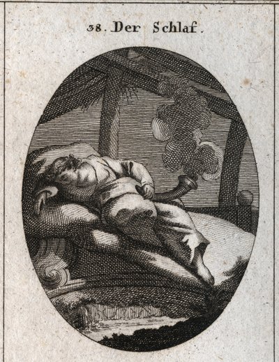 Allegorie des Schlafens auf einem Bett aus Ebenholz, in dessen Nähe ein Bach fließt. Er hält einen schwarzen und polierten Kegel, aus dem Dampf aufsteigt, der Träume bedeutet. Gravur in „Iconologie oder Ideen aus dem Gebiete der Leidenschaften und Allegori von Austrian School