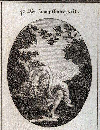 Allegorie der Dummheit. Sie lehnt sich an ein Schaf, ein von Natur aus dummes Tier. Gravur in „Iconologie oder Ideen aus dem Gebiete der Leidenschaften und Allegorien bildlich dargestellt für Zeichner, Maler, Dichter, Gelehrte, Erzieher und Freunde Höherer von Austrian School