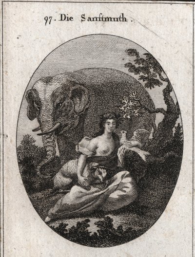 Allegorie der Sanftmut oder Mansuetude, Krone aus Olivenbäumen als Symbol des Friedens. Sein Attribut ist der Elefant, der die Güte des Herzens darstellt, das Lamm Symbol der Mansuetude und die Taube, Emblem der Sanftmut. Gravur in „Iconologie oder Ideen von Austrian School
