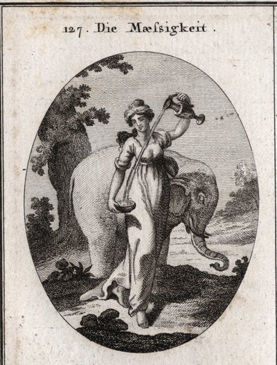 Allegorie der Mäßigung. Ihre Attribute sind Wasser und Weinmischungen sowie der Elefant, ein Tier, das immer die gleiche Menge Nahrung ohne Übermaß isst. Gravur in „Iconologie oder Ideen aus dem Gebiete der Leidenschaften und Allegorien bildlich dargestell von Austrian School