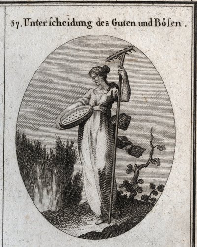 Allegorie der Unterscheidung zwischen Gut und Böse. Das Sieb trennt das gute Korn von der Spreu und der Rechen wird verwendet, um Unkraut zu entfernen. Gravur in „Iconologie oder Ideen aus dem Gebiete der Leidenschaften und Allegorien bildlich dargestellt  von Austrian School