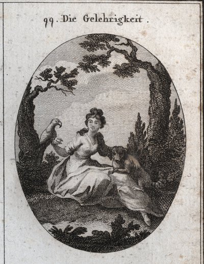 Allegorie der Fügsamkeit. Ihre Attribute sind der Sittich und der kleine Hund wegen ihrer Gehorsamkeit und ihres Wunsches zu gefallen. Gravur in "Iconologie oder Ideen aus dem Gebiete der Leidenschaften und Allegorien bildlich dargestellt für Zeichner, Mal von Austrian School